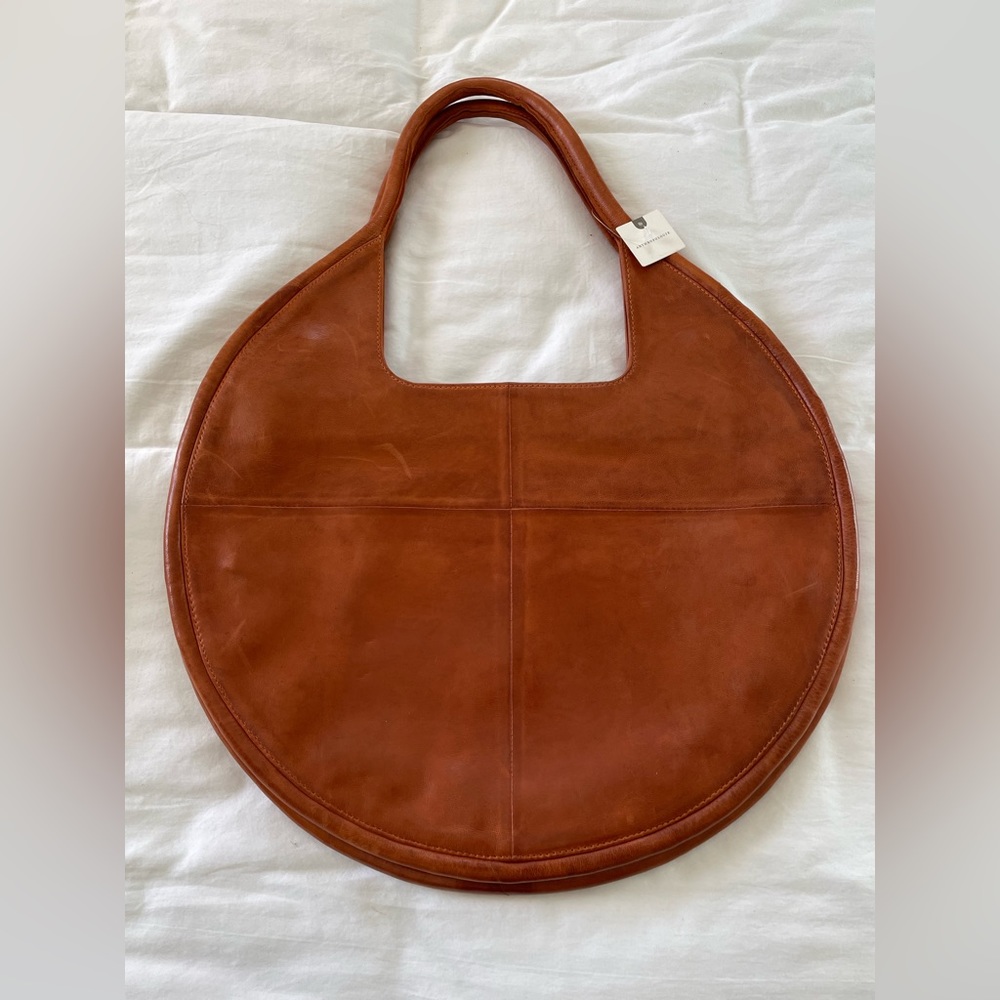 Anthropologie Round Leather Tote in Cognac Brown